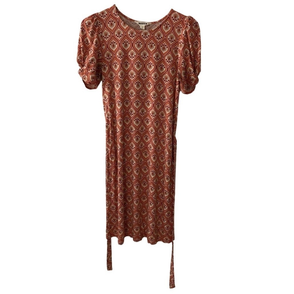 Boden Women's Puff Sleeve Tie Waist Dress Size US 4R UK 8R Red Geometric Print - Picture 3 of 10